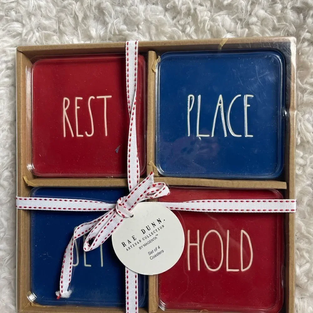 New in box Rae Dunn Ceramic Red & Blue Rest, Place, Stay, Hold Coasters .